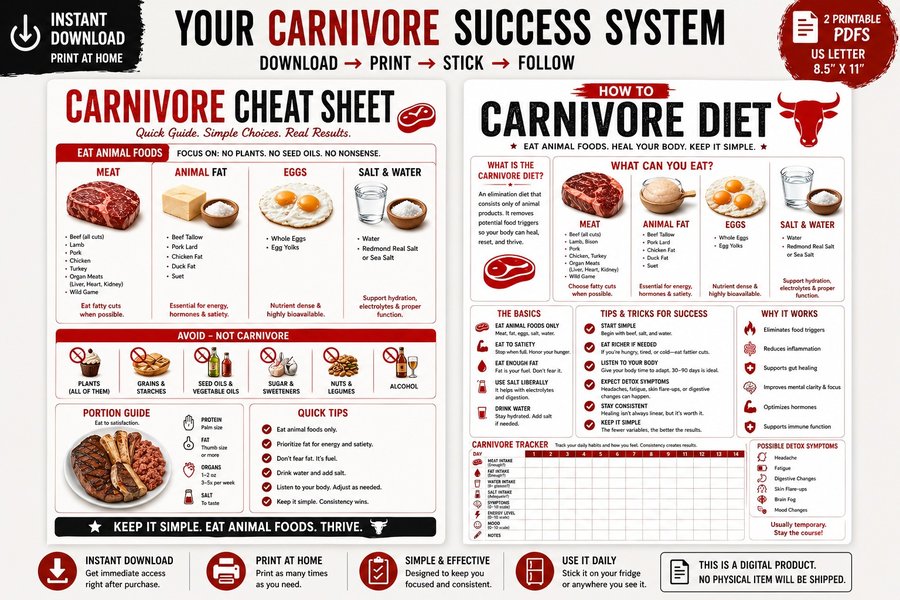 Carnivore cheat sheet and 14-day tracker poster bundle on a fridge