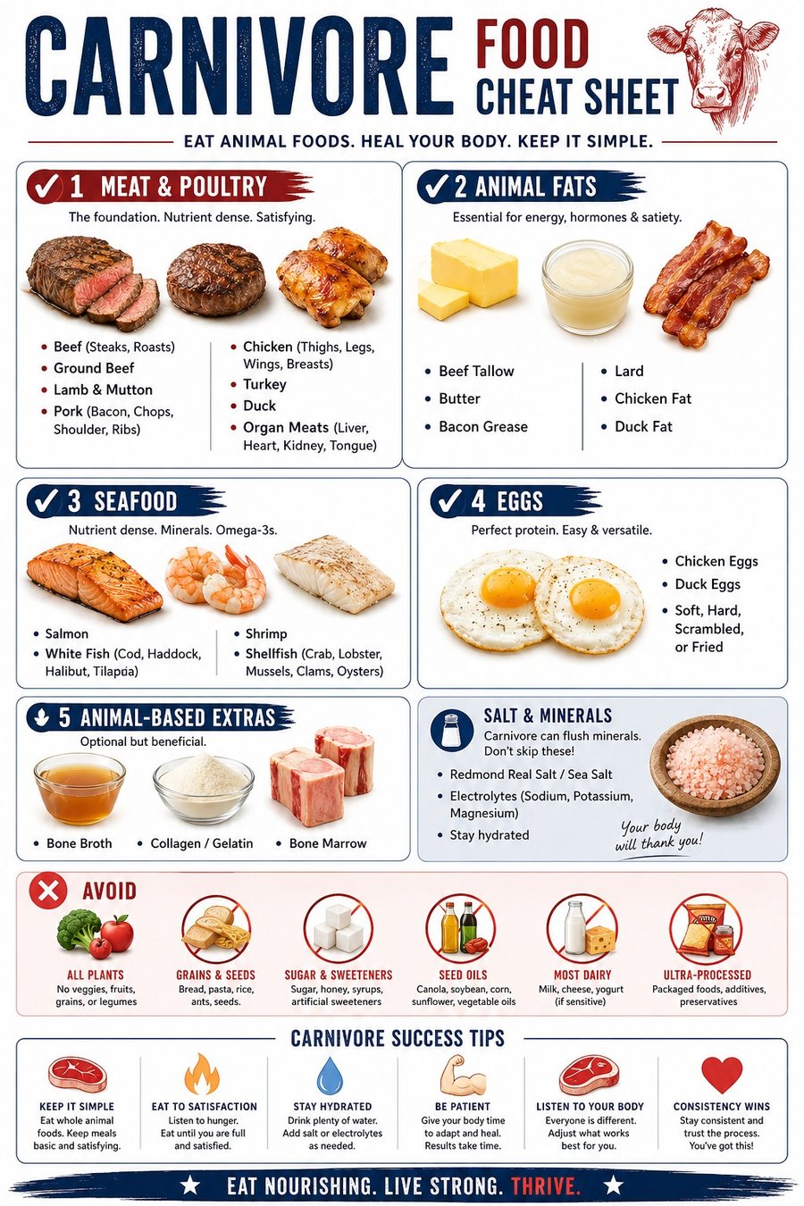 Carnivore cheat sheet showing what to eat, what to avoid, and protein-to-fat ratios