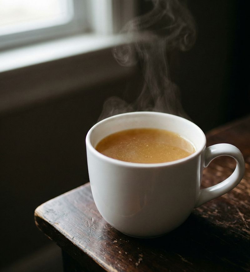 Steaming bone broth in white mug