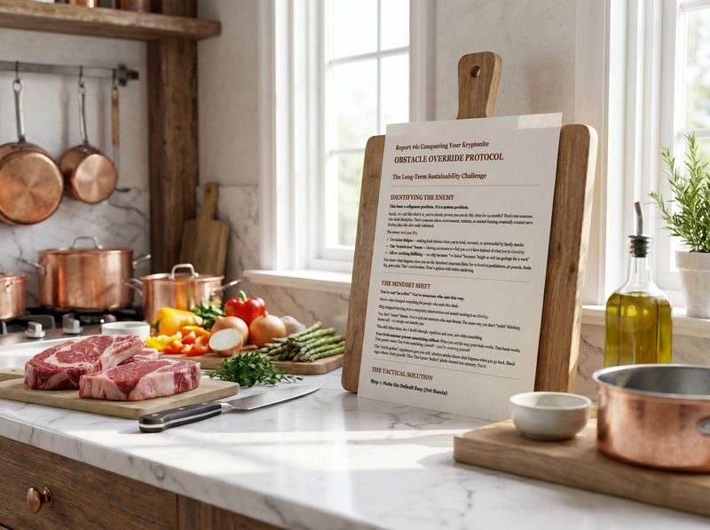 Personalized meal plan pages from the Complete Carnivore Protocol on a kitchen counter