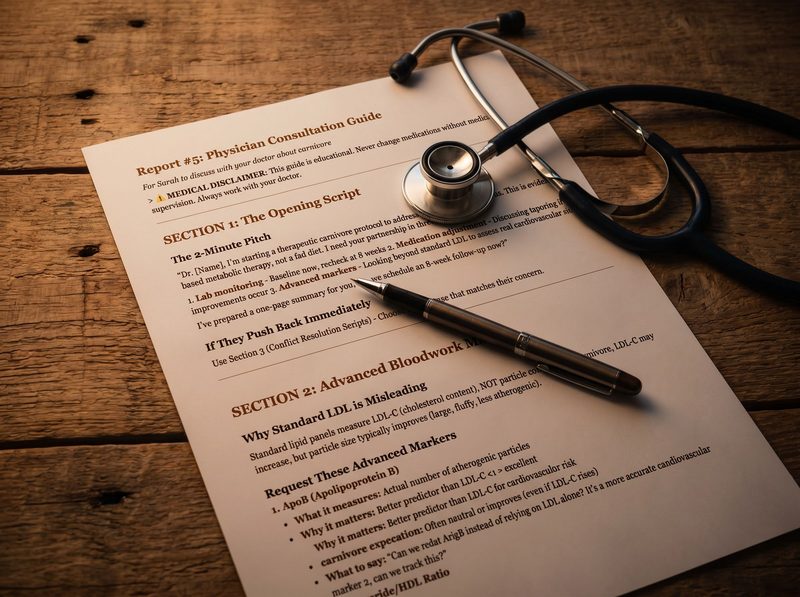 Printed physician consultation guide from the Complete Carnivore Protocol, with opening script and advanced bloodwork markers