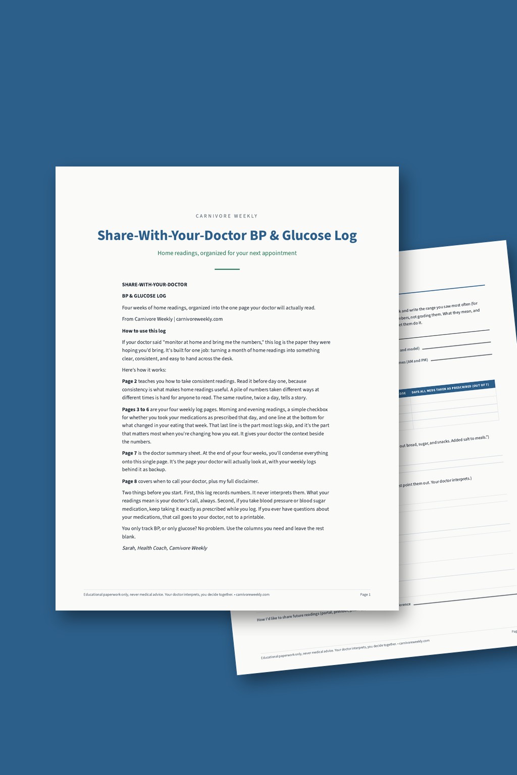 Blood pressure and glucose log printable PDF preview showing cover and doctor summary sheet