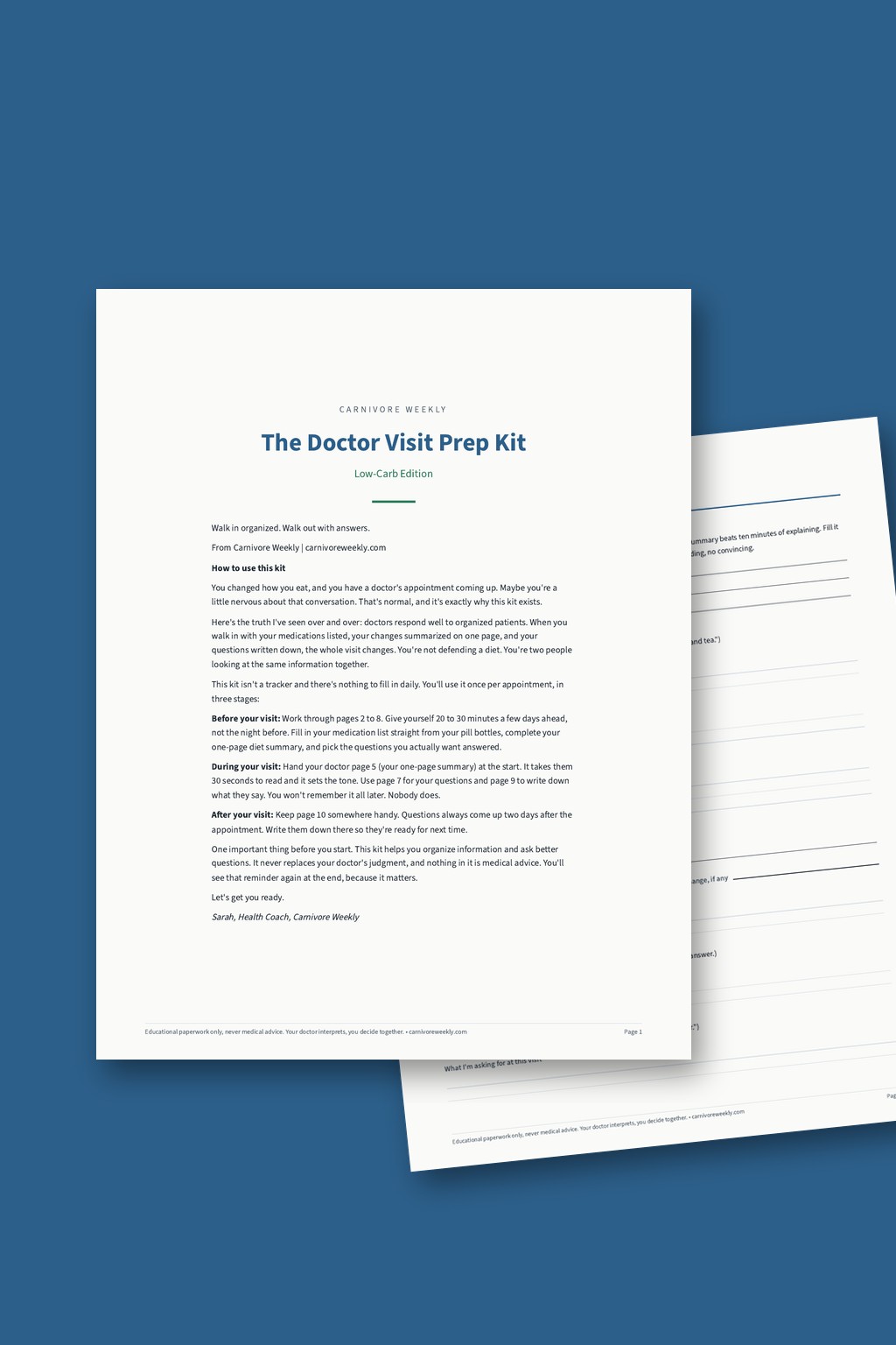 Doctor Visit Prep Kit printable PDF preview showing cover and diet summary pages